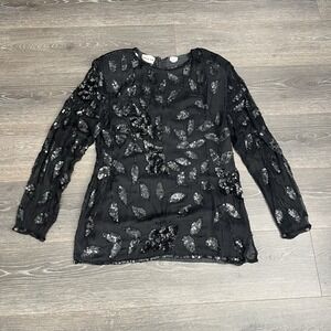 Sweet Lo Blouse 100% Silk Beaded Vintage Delicate‎ Black Womens Size Large Glam
